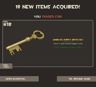 Original Team Fortress 2 screenshot showing 18 new items acquired, with item 18 displayed as a Mann Co. Supply Crate Key.