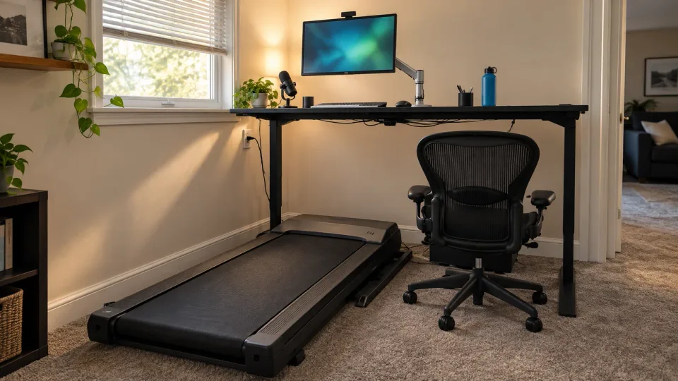 AI-assisted recreation of my treadmill desk, with the converted running treadmill on the left and a mesh chair on the right.