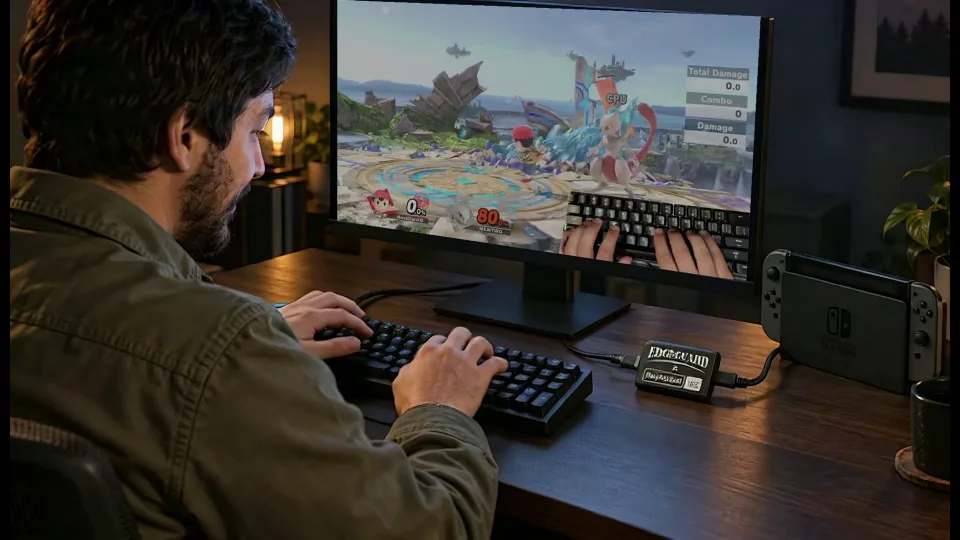 Daniel playing Smash at his keyboard, with the Edgeguard adapter and a docked Nintendo Switch on the desk. AI-assisted scene with authentic gameplay.