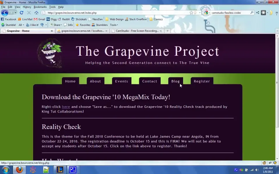 Preserved homepage of the Grapevine Project church conference website.