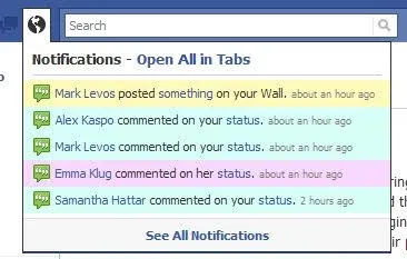 Original Facebook Easy Notifications interface showing color-coded notifications and the Open All in Tabs control.