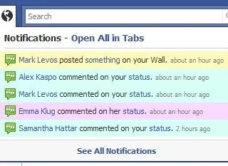 Original Facebook Easy Notifications interface showing color-coded notifications and the Open All in Tabs control.