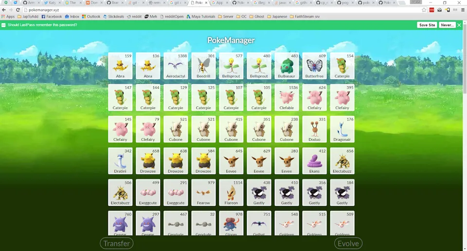 The original PokeManager interface, with a Pokémon inventory grid and bulk Transfer and Evolve controls.