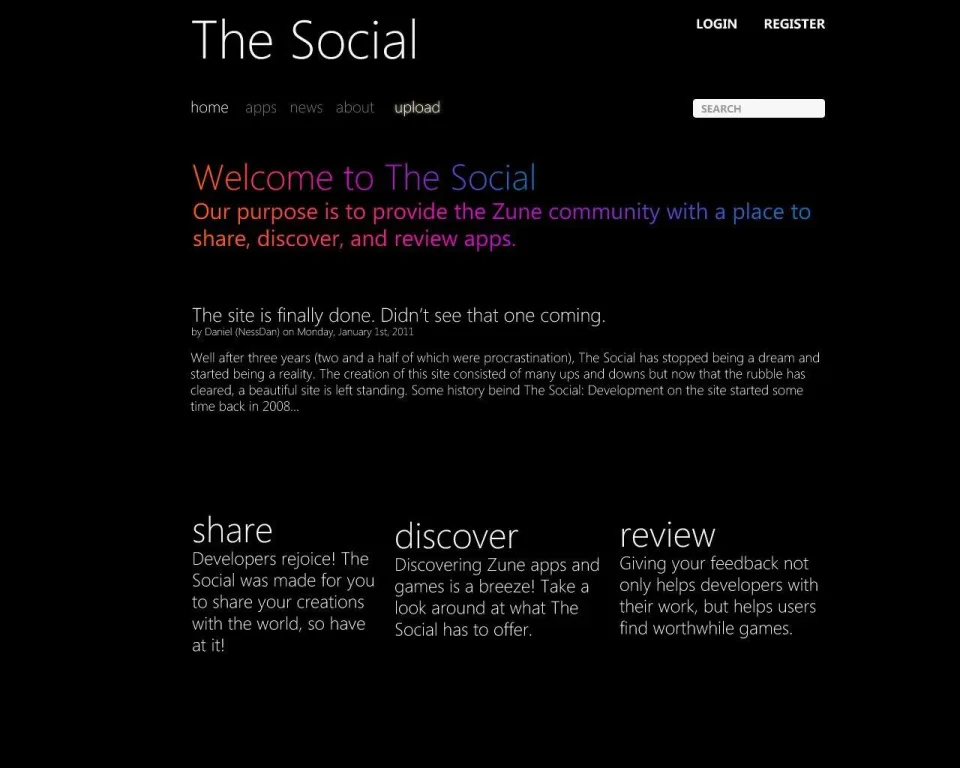 Historical design for The Social, the Zune community website that grew out of Zune Apps.