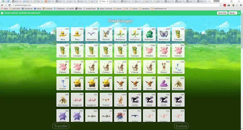 Original PokeManager desktop interface showing Pokémon in a grid, their CP values, and Transfer and Evolve buttons.