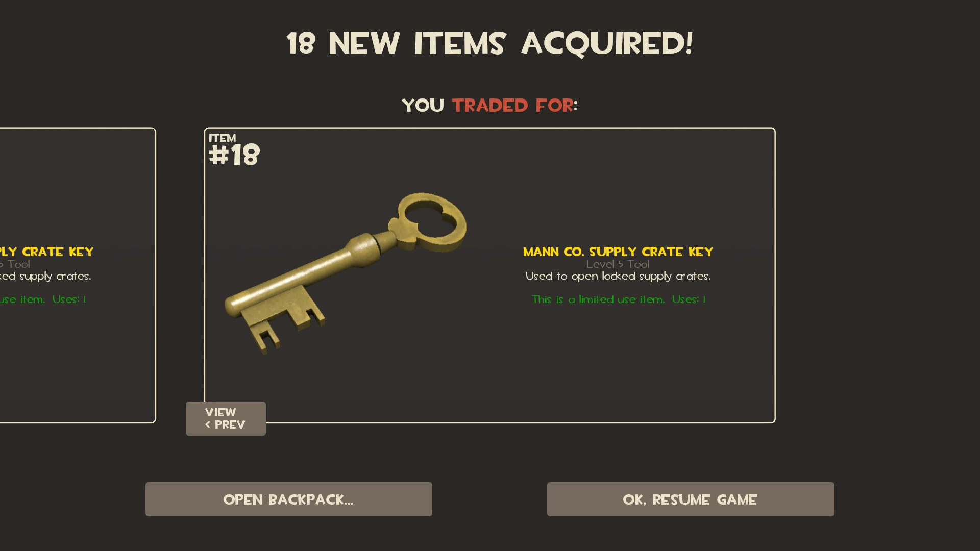 Original Team Fortress 2 screenshot showing 18 new items acquired, with item 18 displayed as a Mann Co. Supply Crate Key.