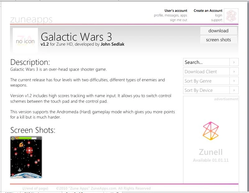Historical Zune Apps detail-page design for an individual app.