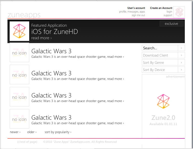 Historical Zune Apps catalog design showing apps available to browse.